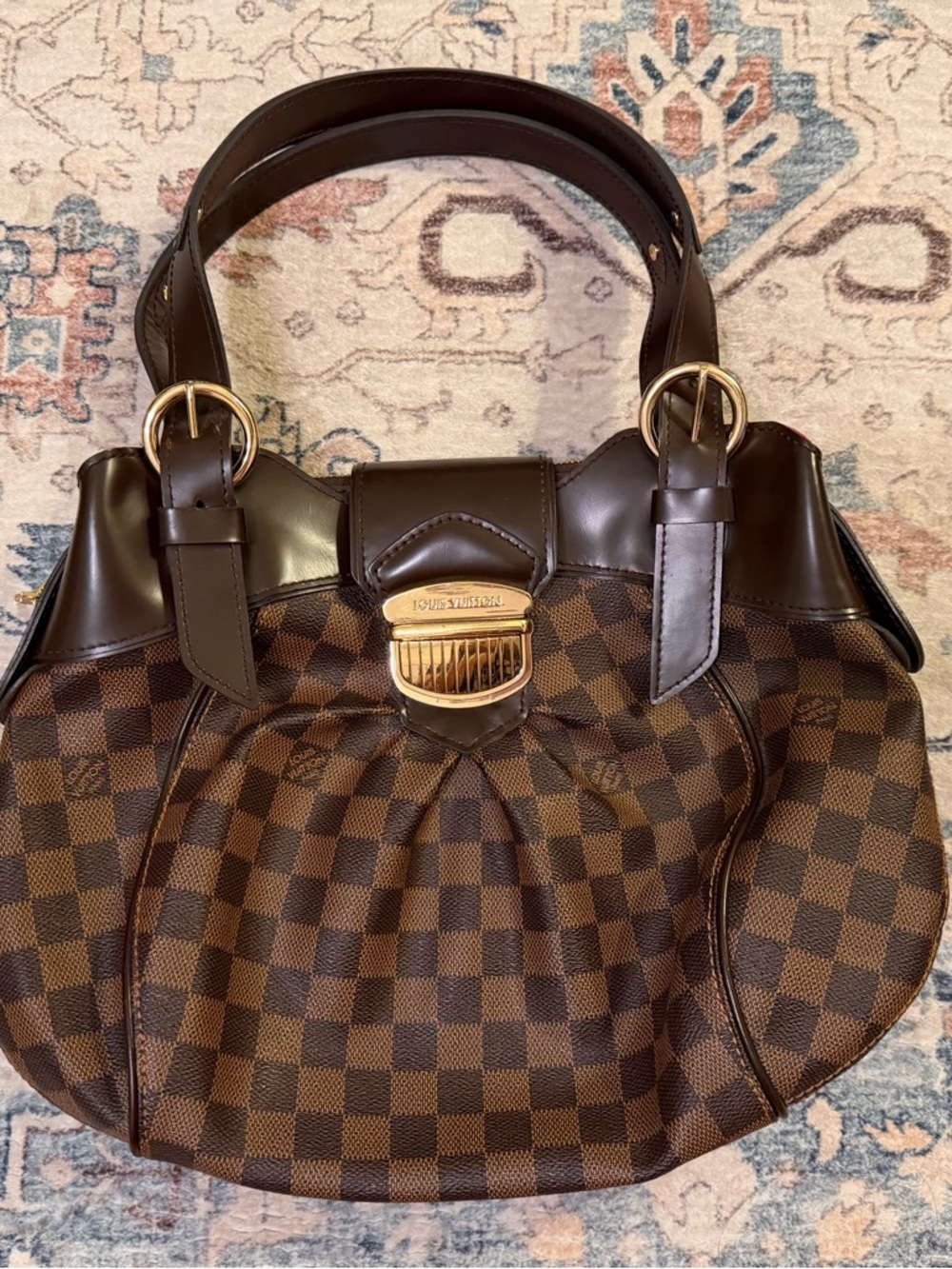 Brown Check Tote Handbag with Gold Hardware